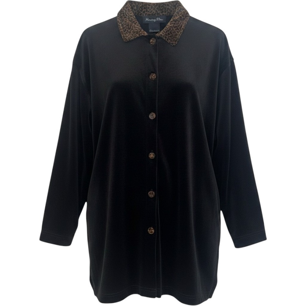 Moving Bleu Womens Black Velvet Button Down Shirt Leopard Print Collar Large